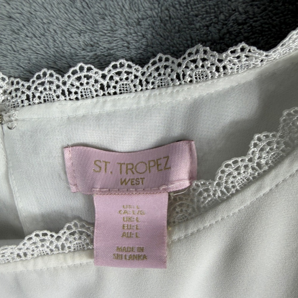 St. Tropez West Womens Large White Blouse Bell Sleeve Lace Trim Boho Top - Picture 2 of 13